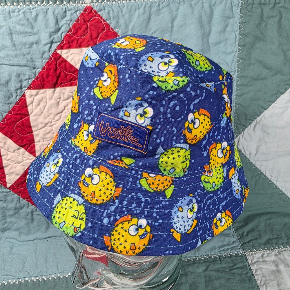 UV Skinz Reversible Bucket Hat Kids 2T Blue Puffer Fish Orange Sun Protection
